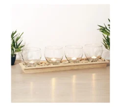 Fashion ATMOSPHERA Set 4 Photophores En Verre Dans Un Plateau En Bois Naturel L 60 Cm