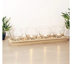 Fashion ATMOSPHERA Set 4 Photophores En Verre Dans Un Plateau En Bois Naturel L 60 Cm