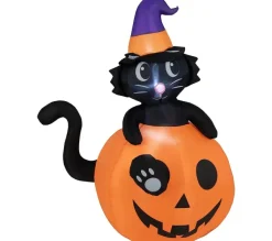COSTWAY Anniversaire Et Autres Fêtes^ 150 Cm Décoration Gonflable D Alloween, Chat Noir Sur Citrouille Avec Chapeau De Sorcier, Lumieres