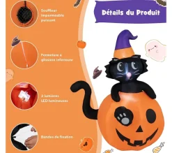 COSTWAY Anniversaire Et Autres Fêtes^ 150 Cm Décoration Gonflable D Alloween, Chat Noir Sur Citrouille Avec Chapeau De Sorcier, Lumieres