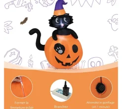 COSTWAY Anniversaire Et Autres Fêtes^ 150 Cm Décoration Gonflable D Alloween, Chat Noir Sur Citrouille Avec Chapeau De Sorcier, Lumieres