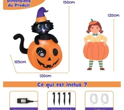 COSTWAY Anniversaire Et Autres Fêtes^ 150 Cm Décoration Gonflable D Alloween, Chat Noir Sur Citrouille Avec Chapeau De Sorcier, Lumieres