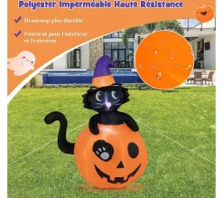 COSTWAY Anniversaire Et Autres Fêtes^ 150 Cm Décoration Gonflable D Alloween, Chat Noir Sur Citrouille Avec Chapeau De Sorcier, Lumieres
