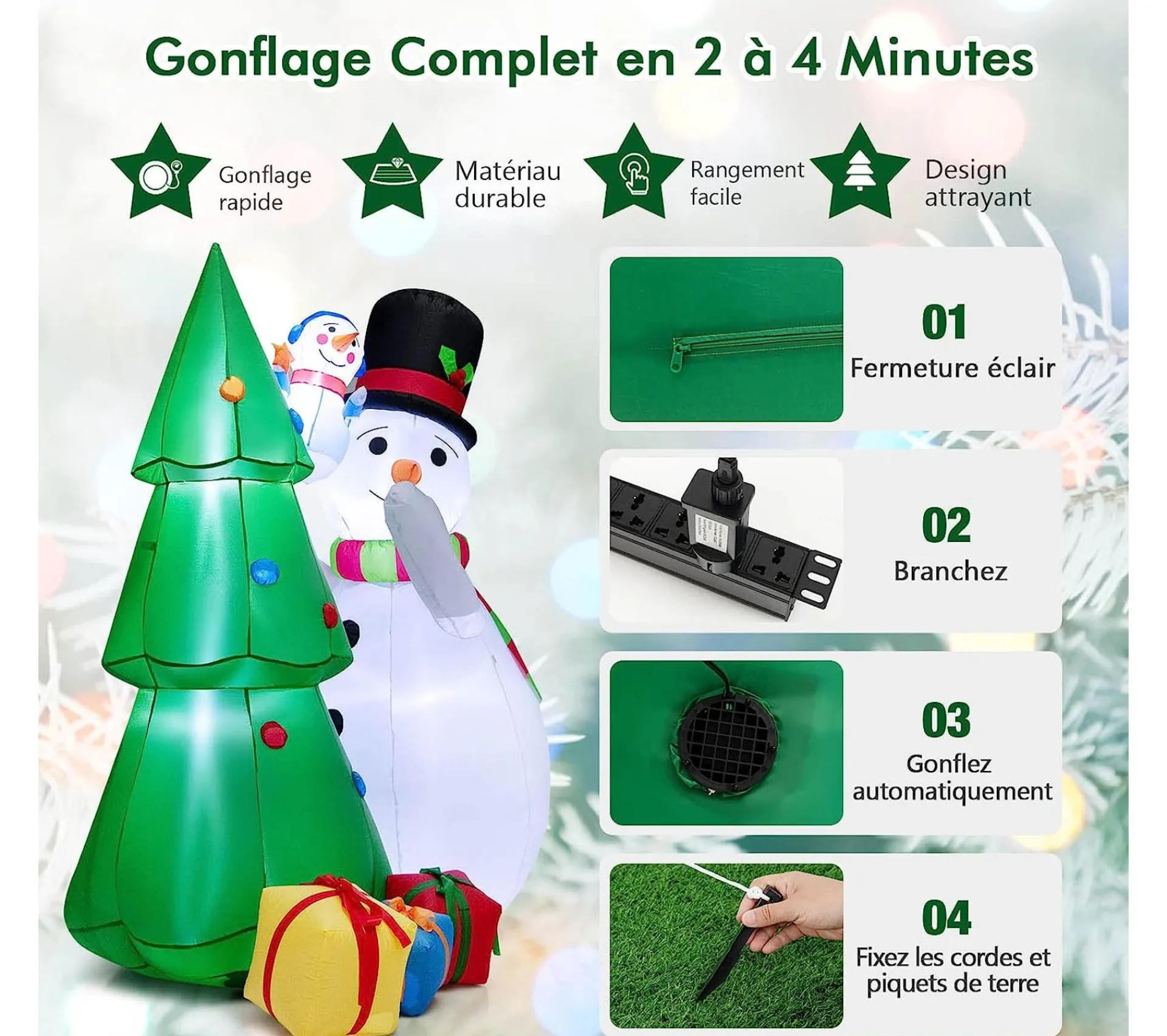 Outlet COSTWAY 1,8 M Décoration De Noël Gonflable, Sapin De Noël Gonflable Avec 2 Bonhommes De Neige, Lumieres Led
