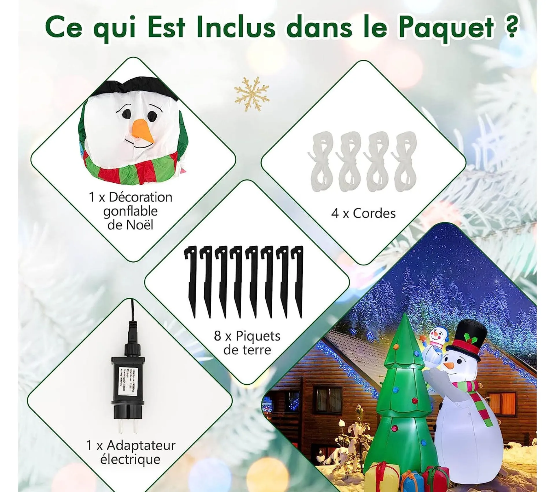 Outlet COSTWAY 1,8 M Décoration De Noël Gonflable, Sapin De Noël Gonflable Avec 2 Bonhommes De Neige, Lumieres Led