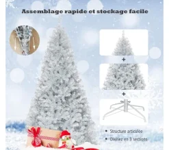 COSTWAY Sapin Et Accessoire^ Arbre De Noël Artificiel 180 Cm Avec 1036 Branches Sapin Argentee Artificile Support Metallique Pour
