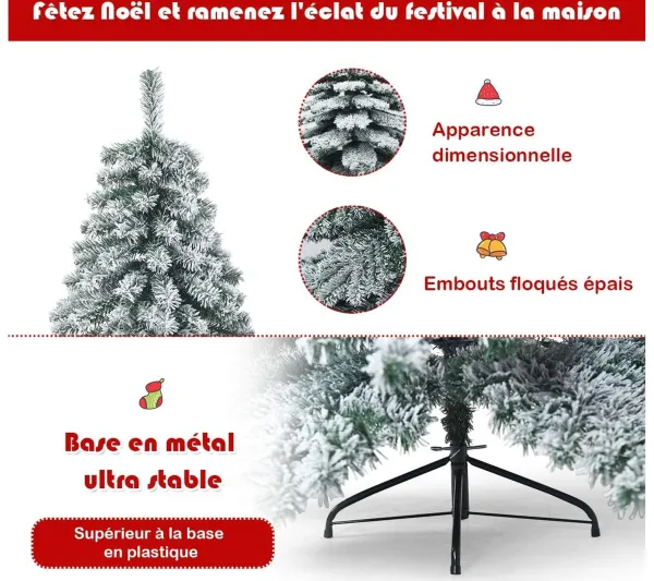 COSTWAY Sapin Et Accessoire^ Arbre De Noël Artificiel Flocons De Neige 180 Cm Avec Charnieres,Support Metallique Pliable Non Lu