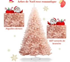 COSTWAY Sapin Et Accessoire^ Arbre De Noël Artificiel 210 Cm Rose Aiguilles En Pvc 937 Branches Support Metallique Solide