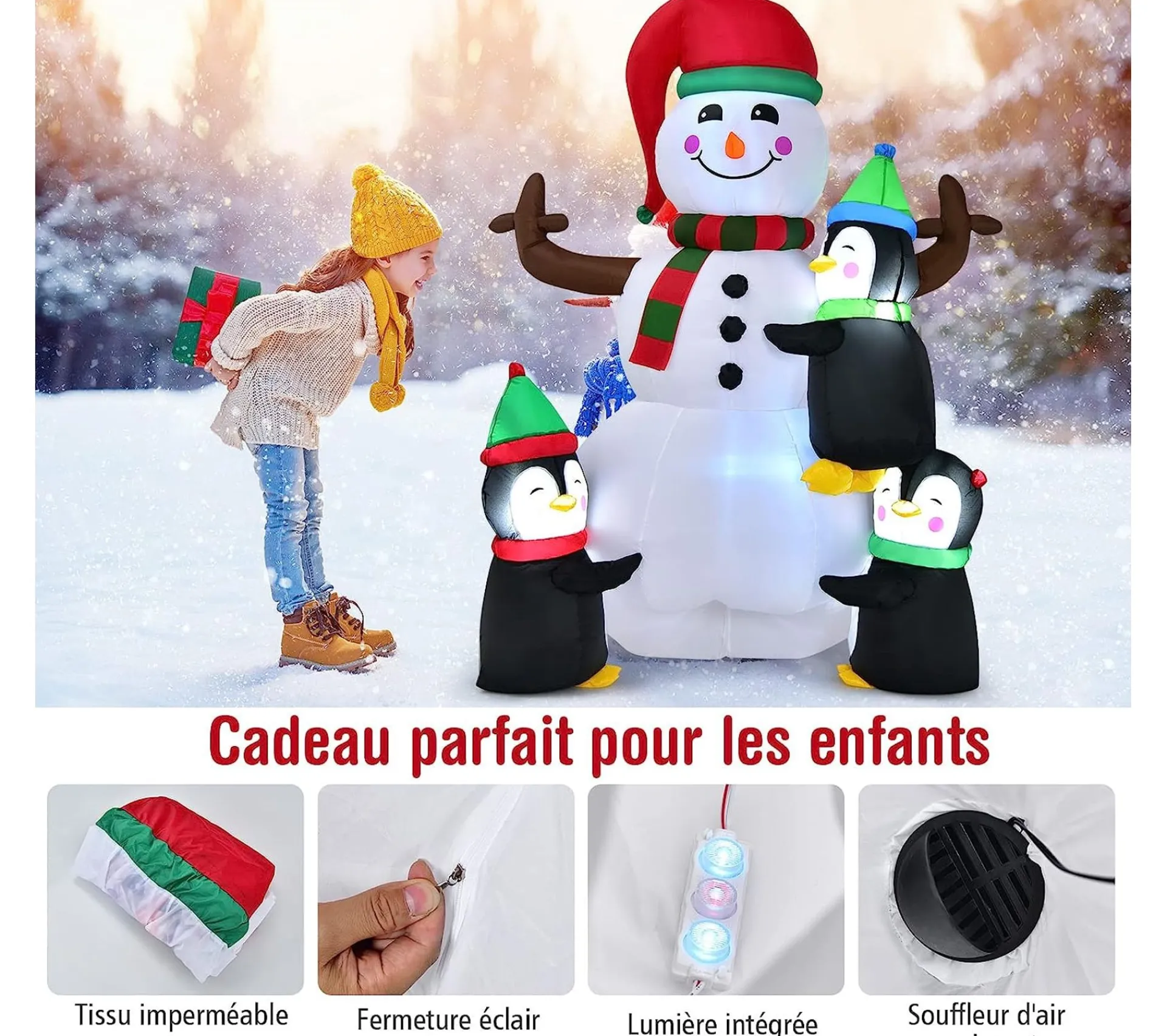 Cheap COSTWAY Bonhomme De Neige Gonflable 1,8M Lumineux A Led Avec 3 Pingouins Sac De Sable Integre 4 Piquets