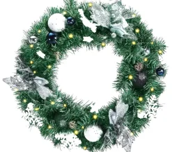 COSTWAY Guirlande Et Boule De Sapin^ Couronne De Noël 50 Cm Avec 30 Lumieres Led Minuterie 6H Boules Flocons De Neige Et Fleurs
