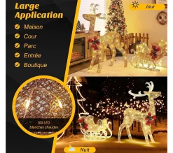 Discount COSTWAY Décoration De Noël Avec 100 Lumieres Blanches Chaudes, Renne Lumineux Avec Traineau, Décoration