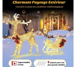 Discount COSTWAY Décoration De Noël Avec 100 Lumieres Blanches Chaudes, Renne Lumineux Avec Traineau, Décoration