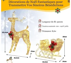 Discount COSTWAY Décoration De Noël Avec 100 Lumieres Blanches Chaudes, Renne Lumineux Avec Traineau, Décoration