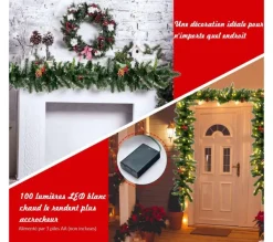 COSTWAY Guirlande Et Boule De Sapin^ Guirlande De Noël Décorative 270 Cm Avec 100 Lumieres Led Pre-Installees Baies Rouges Minuterie Pomm