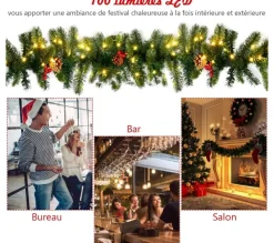 COSTWAY Guirlande Et Boule De Sapin^ Guirlande De Noël Décorative 270 Cm Avec 100 Lumieres Led Pre-Installees Baies Rouges Minuterie Pomm