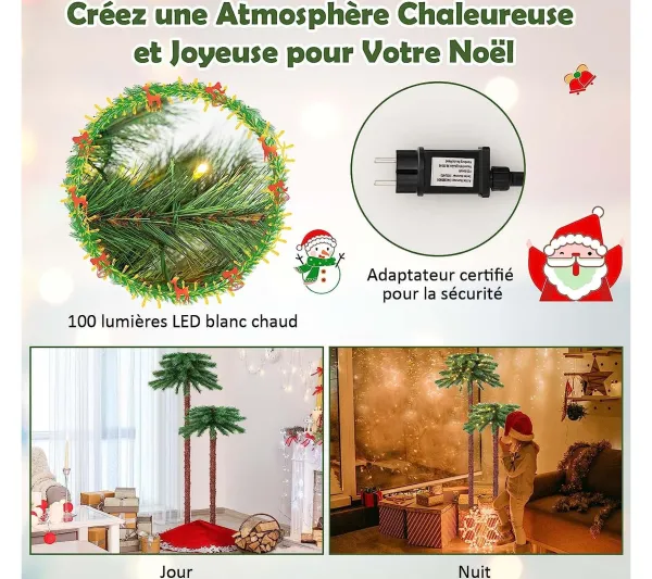 COSTWAY Sapin Et Accessoire^ Lot De 2 Palmier De Noël Artificiel De 107 Et 152 Cm Pre-Illumine Avec 100 Led Lumieres Blanch