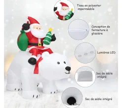 Store COSTWAY 2M Pere Noël Gonflable Sur L'Ours Polaire Blanc Tete Oscillante Avec Ventilateur Et Lumiere Led Déco