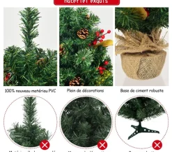 COSTWAY Sapin Et Accessoire^ Mini Arbre De Noël Artificiel De Table H60 Cm En Pvc Avec 80 Branches,Décore De Pommes De Pin Base