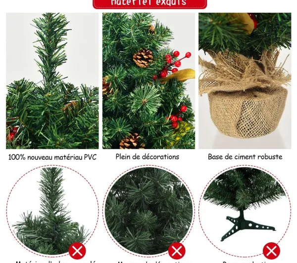 COSTWAY Sapin Et Accessoire^ Mini Arbre De Noël Artificiel De Table H60 Cm En Pvc Avec 80 Branches,Décore De Pommes De Pin Base