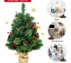 COSTWAY Sapin Et Accessoire^ Mini Arbre De Noël Artificiel De Table H60 Cm En Pvc Avec 80 Branches,Décore De Pommes De Pin Base