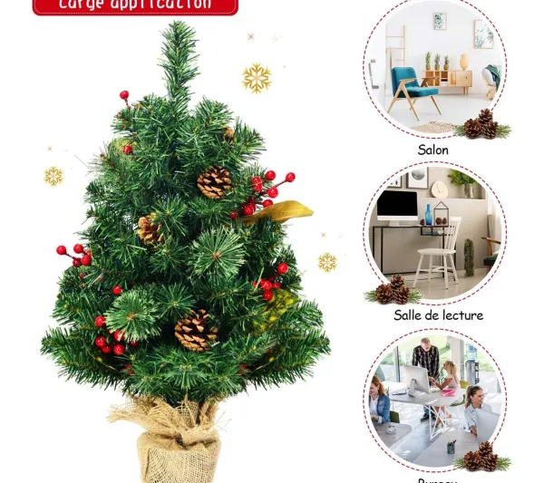 COSTWAY Sapin Et Accessoire^ Mini Arbre De Noël Artificiel De Table H60 Cm En Pvc Avec 80 Branches,Décore De Pommes De Pin Base