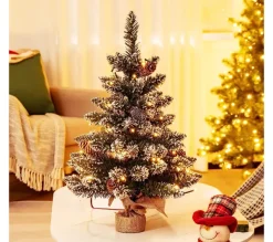 COSTWAY Sapin Et Accessoire^ Mini Sapin De Noël Pre-Illumine De 64 Cm, Floque De Neige Avec 50 Lumieres Led, 8 Modes D'Eclairage