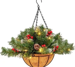COSTWAY Guirlande Et Boule De Sapin^ Panier Suspendu De Noël Artificiel Pre-Illumine Avec 60 Branches Enneigees, 7 Pommes De Pin