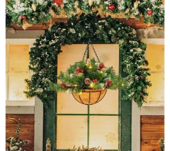 COSTWAY Guirlande Et Boule De Sapin^ Panier Suspendu De Noël Artificiel Pre-Illumine Avec 60 Branches Enneigees, 7 Pommes De Pin