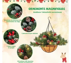 COSTWAY Guirlande Et Boule De Sapin^ Panier Suspendu De Noël Artificiel Pre-Illumine Avec 60 Branches Enneigees, 7 Pommes De Pin