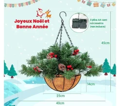 COSTWAY Guirlande Et Boule De Sapin^ Panier Suspendu De Noël Artificiel Pre-Illumine Avec 60 Branches Enneigees, 7 Pommes De Pin