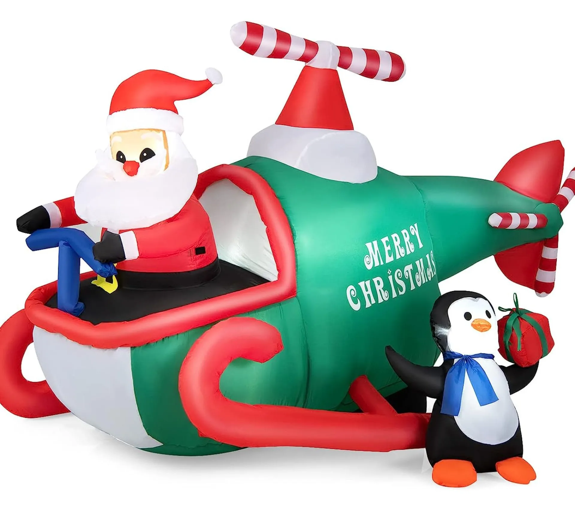 Outlet COSTWAY Pere Noël Gonflable Décoratif 190 Cm De Long Avec Helicoptere/Pingouin/Cadeau, Décoration De Noël