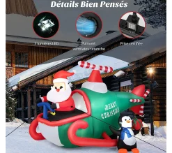 Outlet COSTWAY Pere Noël Gonflable Décoratif 190 Cm De Long Avec Helicoptere/Pingouin/Cadeau, Décoration De Noël