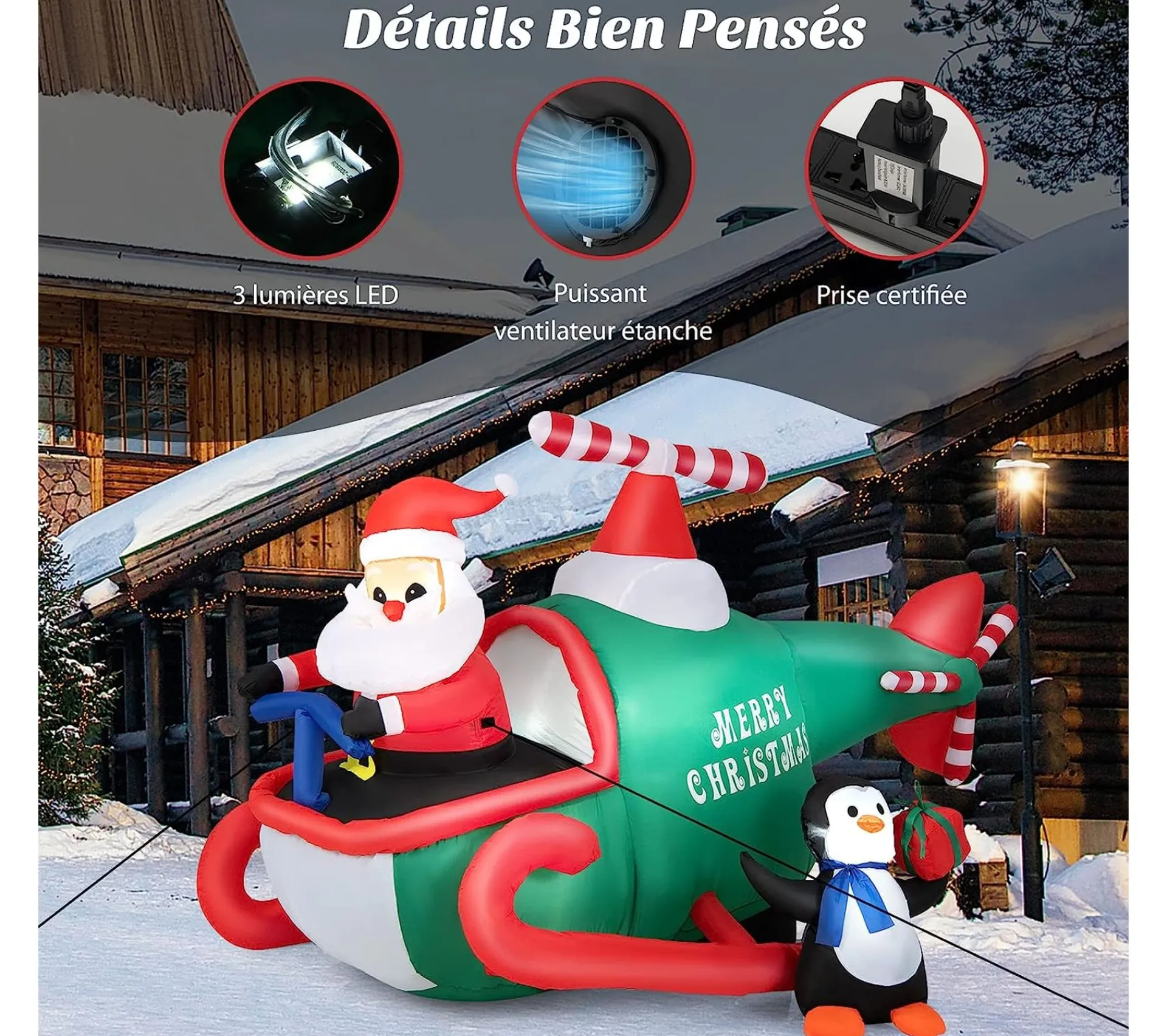 Outlet COSTWAY Pere Noël Gonflable Décoratif 190 Cm De Long Avec Helicoptere/Pingouin/Cadeau, Décoration De Noël