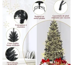 COSTWAY Sapin Et Accessoire^ Sapin Artificiel D'Halloween/ Noël Noir 180 Cm Longiforme Avec 743 Rameaux Support Metallique Pliabl