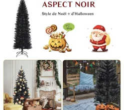 COSTWAY Sapin Et Accessoire^ Sapin Artificiel D'Halloween/ Noël Noir 180 Cm Longiforme Avec 743 Rameaux Support Metallique Pliabl