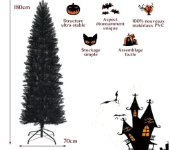 COSTWAY Sapin Et Accessoire^ Sapin Artificiel D'Halloween/ Noël Noir 180 Cm Longiforme Avec 743 Rameaux Support Metallique Pliabl