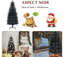 COSTWAY Sapin Et Accessoire^ Sapin Artificiel D'Halloween/ Noël Noir 150 Cm Longiforme Avec 300 Rameaux Support Metallique Pliabl