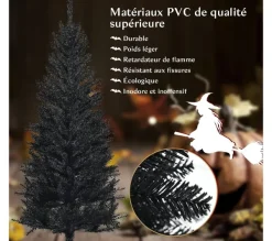 COSTWAY Sapin Et Accessoire^ Sapin Artificiel D'Halloween/ Noël Noir 150 Cm Longiforme Avec 300 Rameaux Support Metallique Pliabl