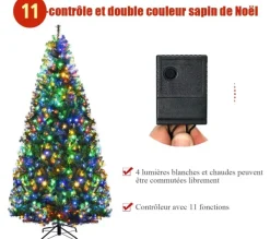 COSTWAY Sapin Et Accessoire^ Sapin De Noël 210 Cm, Arbre De Noël Artificiel Avec Lumieres Led Multicolore 11 Modes