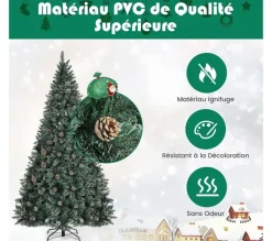 COSTWAY Sapin Et Accessoire^ Sapin De Noël 180 Cm Pre-Décore Avec 1000 Pointes Blanches Des Feuilles D'Aiguilles Etoffee 63 Pomme
