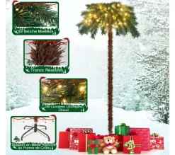 COSTWAY Sapin Et Accessoire^ Sapin De Noël 150 Cm, Cocotier Artificiel Pre-Illumine Avec 150 Lumieres Led Blanc Chaud, 63 Branche