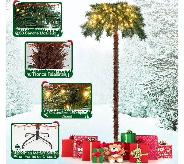 COSTWAY Sapin Et Accessoire^ Sapin De Noël 150 Cm, Cocotier Artificiel Pre-Illumine Avec 150 Lumieres Led Blanc Chaud, 63 Branche