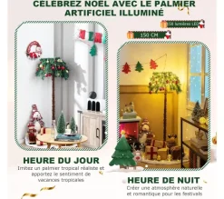 COSTWAY Sapin Et Accessoire^ Sapin De Noël 150 Cm, Cocotier Artificiel Pre-Illumine Avec 150 Lumieres Led Blanc Chaud, 63 Branche