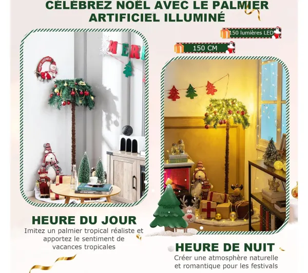 COSTWAY Sapin Et Accessoire^ Sapin De Noël 150 Cm, Cocotier Artificiel Pre-Illumine Avec 150 Lumieres Led Blanc Chaud, 63 Branche