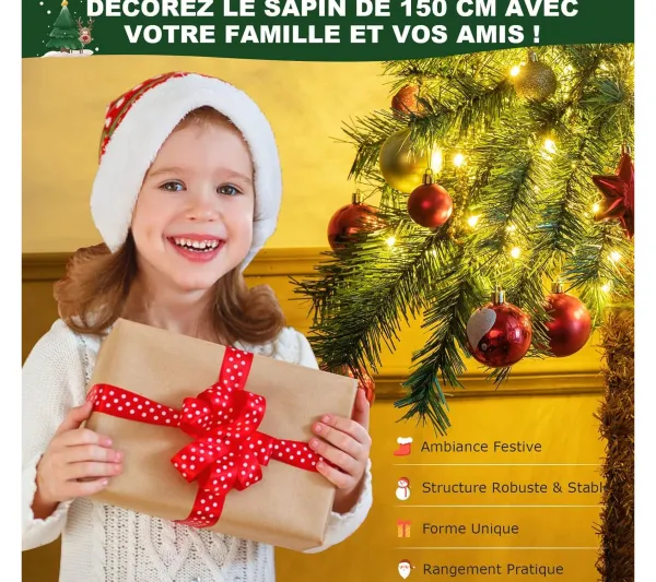 COSTWAY Sapin Et Accessoire^ Sapin De Noël 150 Cm, Cocotier Artificiel Pre-Illumine Avec 150 Lumieres Led Blanc Chaud, 63 Branche
