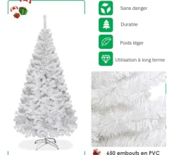 COSTWAY Sapin Et Accessoire^ Sapin De Noël Arbre De Noël Artificiel Pour Décoration De Noël Materiau Pvc Avec Pied En Metal Blanc
