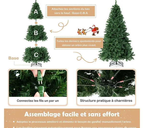 COSTWAY Sapin Et Accessoire^ Sapin De Noël Artificiel Pre-Illumine,180 Cm Avec 260 Led Lumieres Multicolores