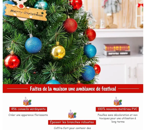 COSTWAY Sapin Et Accessoire^ Sapin De Noël Artificiel Luxuriant 150 Cm En Fleurs Avec 456 Branches Support En Metal Pliable 100%