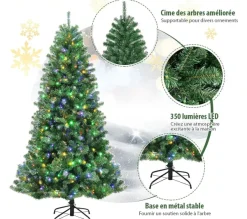 COSTWAY Sapin Et Accessoire^ Sapin De Noël Artificiel Led 180 Cm Avec 9 Fonctions Lumieres Interchangeables Blanc Chaud / 4 Coule
