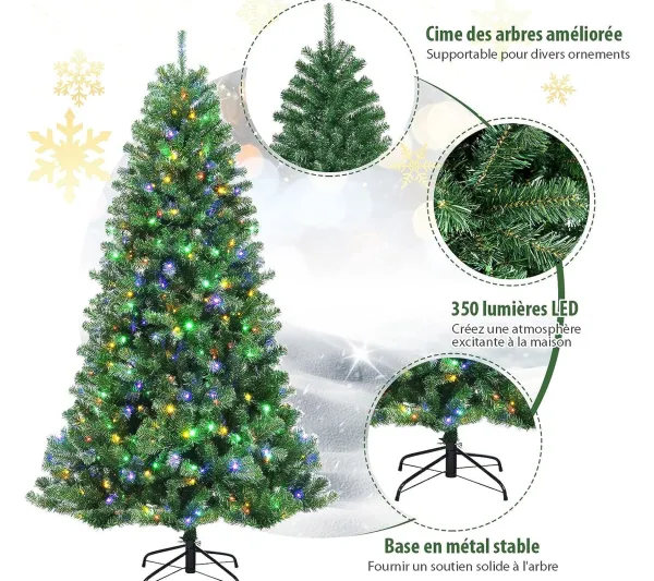 COSTWAY Sapin Et Accessoire^ Sapin De Noël Artificiel Led 180 Cm Avec 9 Fonctions Lumieres Interchangeables Blanc Chaud / 4 Coule